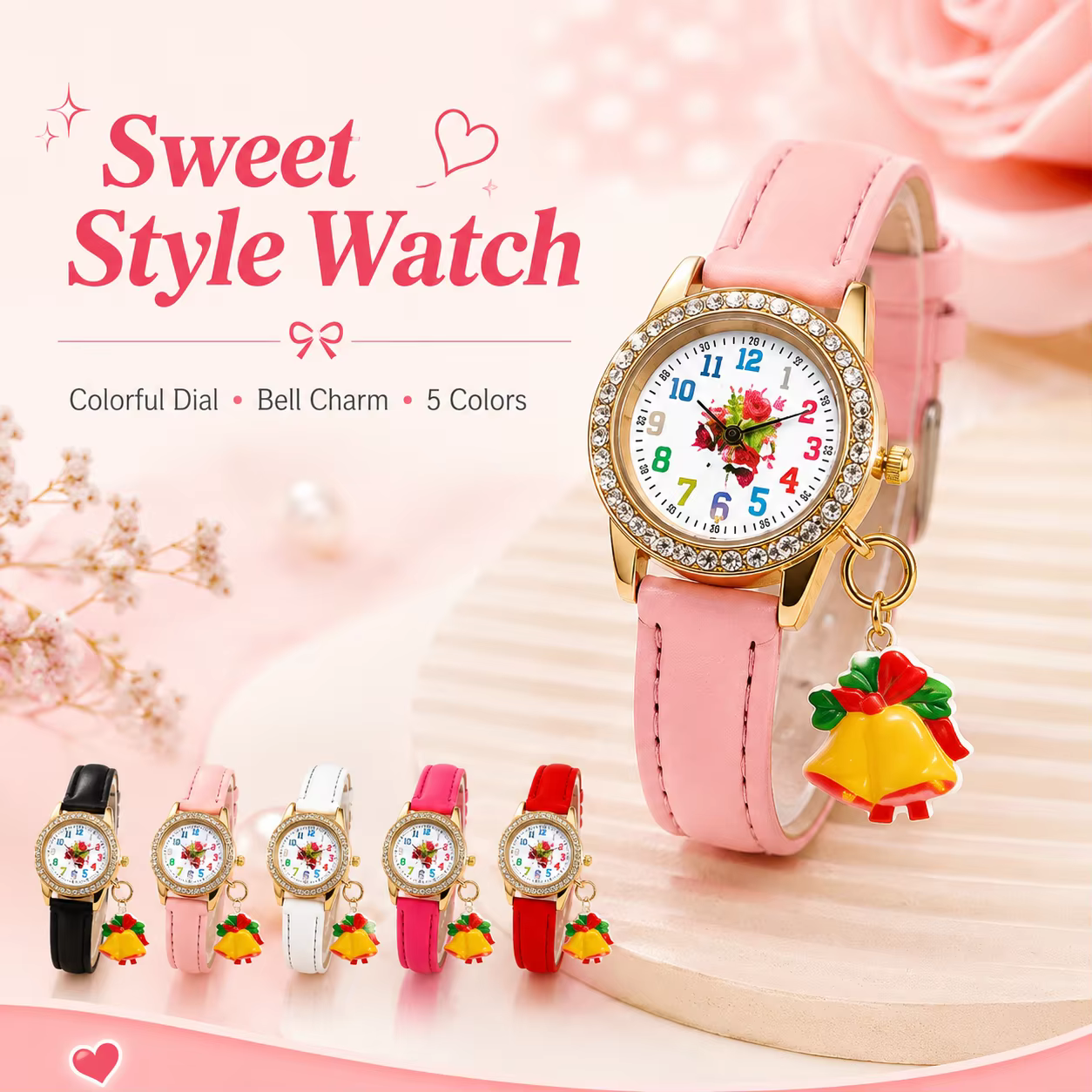 Montre de mode pour femme avec cadran floral numérique coloré, breloque cloche, lunette en strass dorés, bracelet réglable, disponible en 5 couleurs