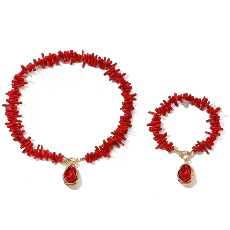 Ensemble de bijoux asymétriques baroques en perles et corail rouge, style bohème chic, collier et bracelet pour tous les jours et les soirées