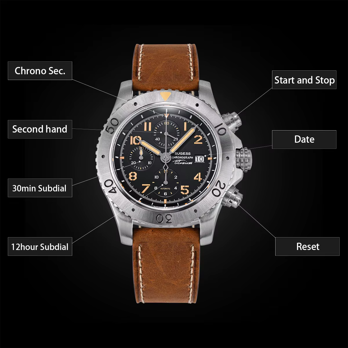 Sugess – montre chronographe en titane pour hommes