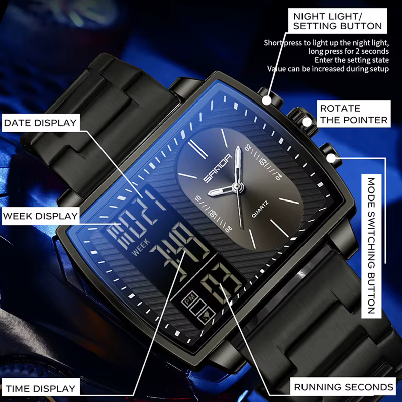 Montre-bracelet rectangulaire pour hommes