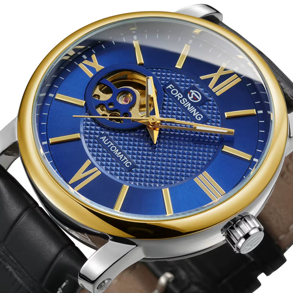 Forsining mode squelette montre mécanique pour hommes cadran bleu ceinture en cuir affaires automatique