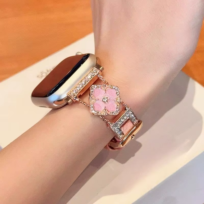 Feeling d'or cinq fleurs en cuir véritable compatible avec le bracelet iWatch 38mm 40mm 41mm 42mm 44mm 45mm 49mm