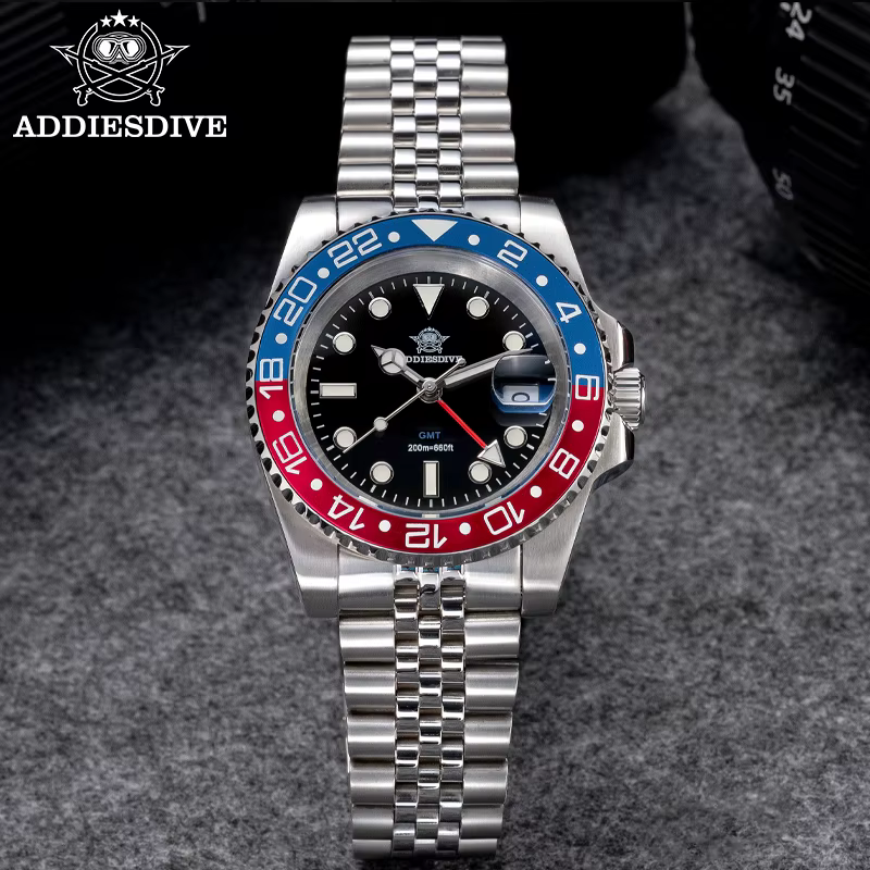 ADDIESDIVE hommes GMT montre suisse Ronda 515-24 200M étanche BGW9 Super lumineux 316L acier inoxydable