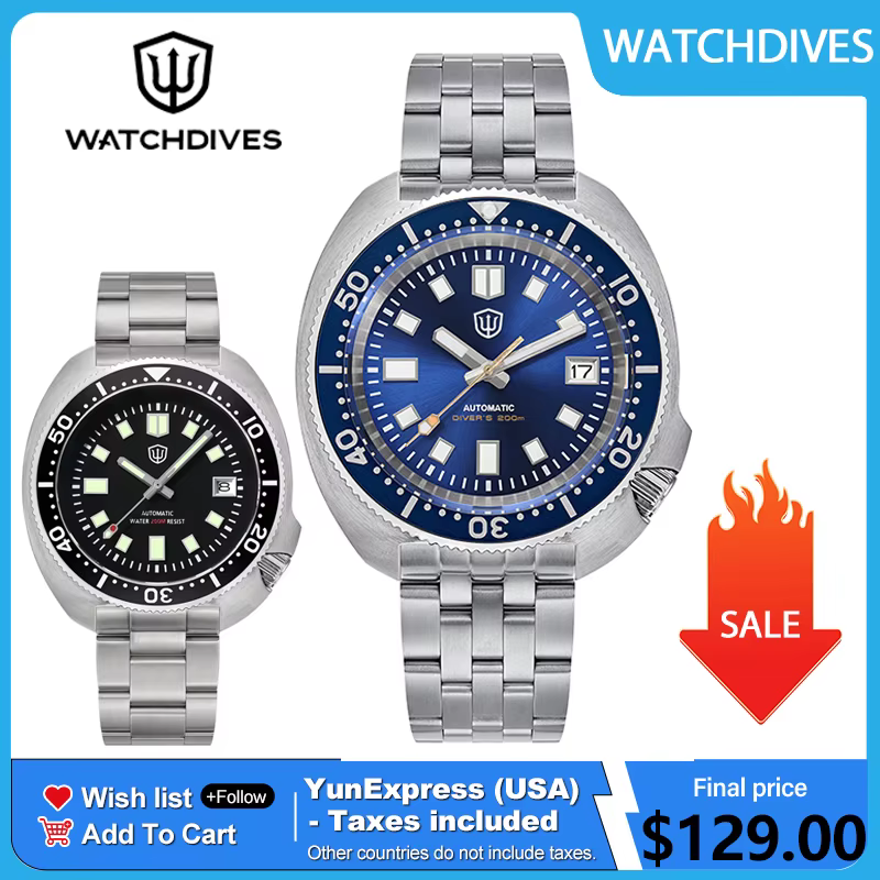 Watchdives PVD WD6105 montre de plongée tortue NH35 mouvement automatique 200M étanche saphir cristal acier inoxydable