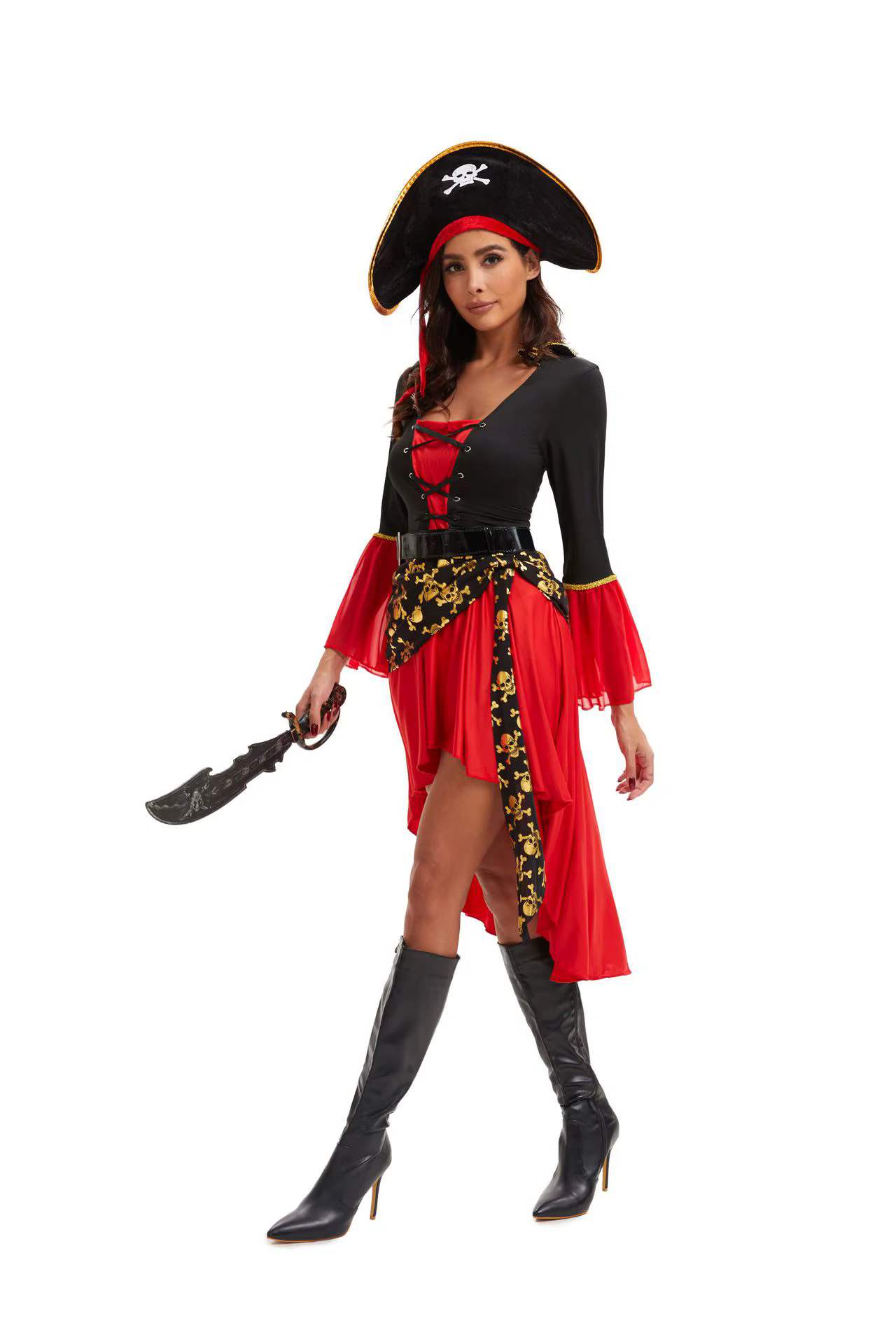 Ensemble de tenue de pirate pour femme, style Caraïbes, avec chapeau et ceinture, pour Halloween, cosplay, mascarade, fête de carnaval, spectacle sur scène