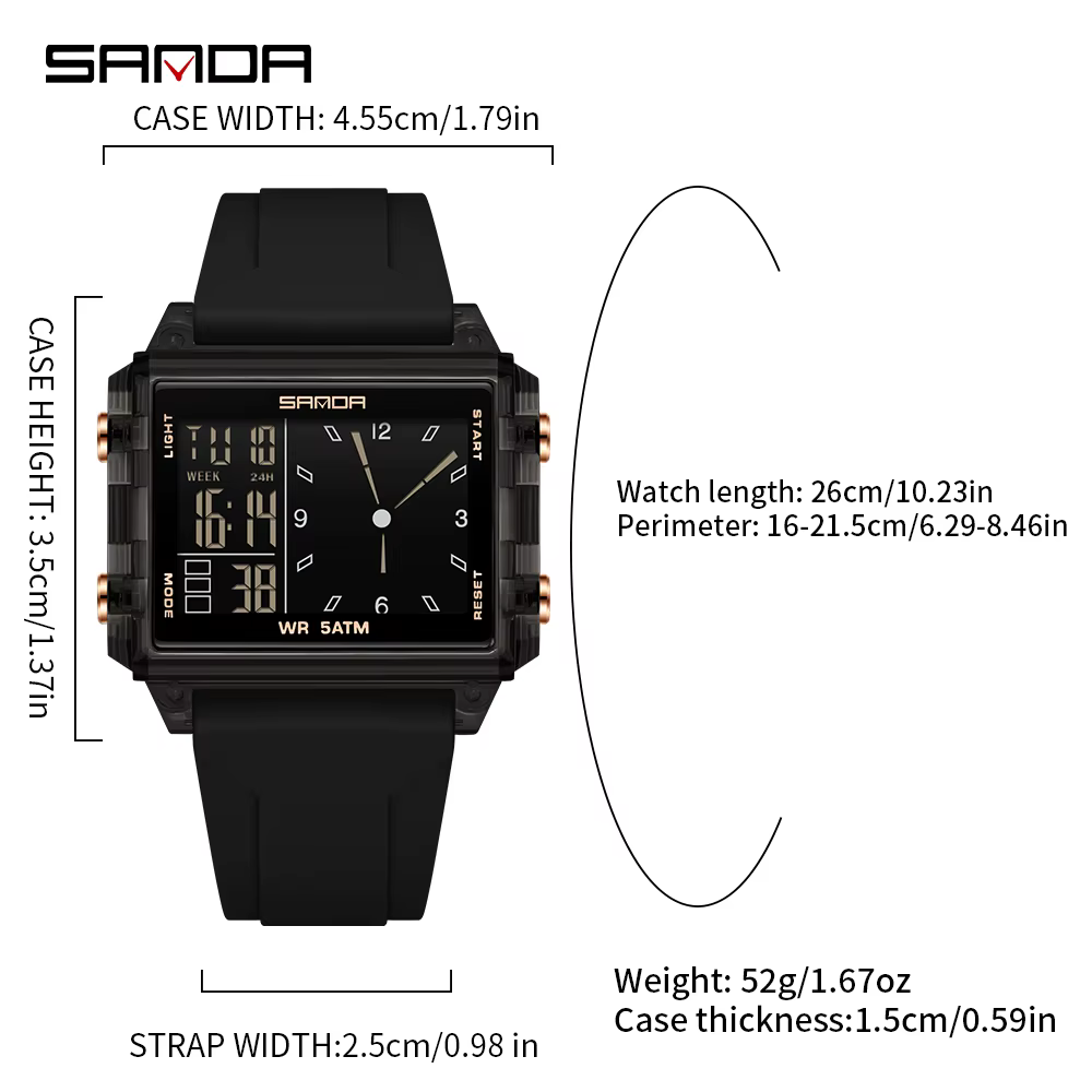 SANDA mode montre analogique électronique pour hommes femmes étanche cadran carré compte à rebours minuterie montre-bracelet numérique homme heure mondiale