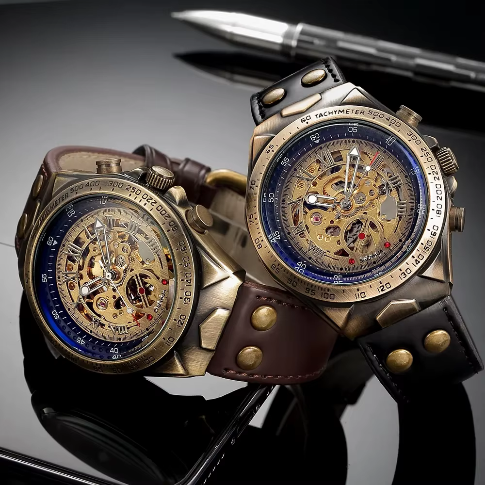 Montre mécanique automatique squelette rétro en Bronze pour hommes