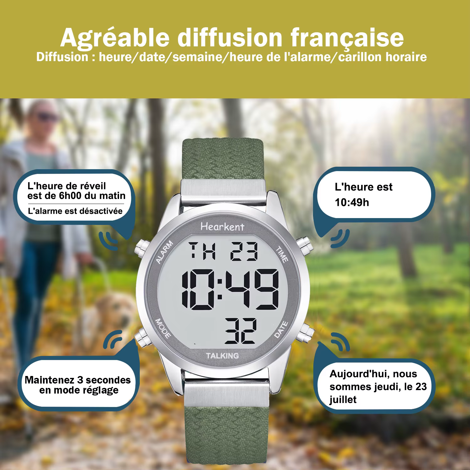 Montre parlante Hearkent en français pour personnes aveugles avec alarme