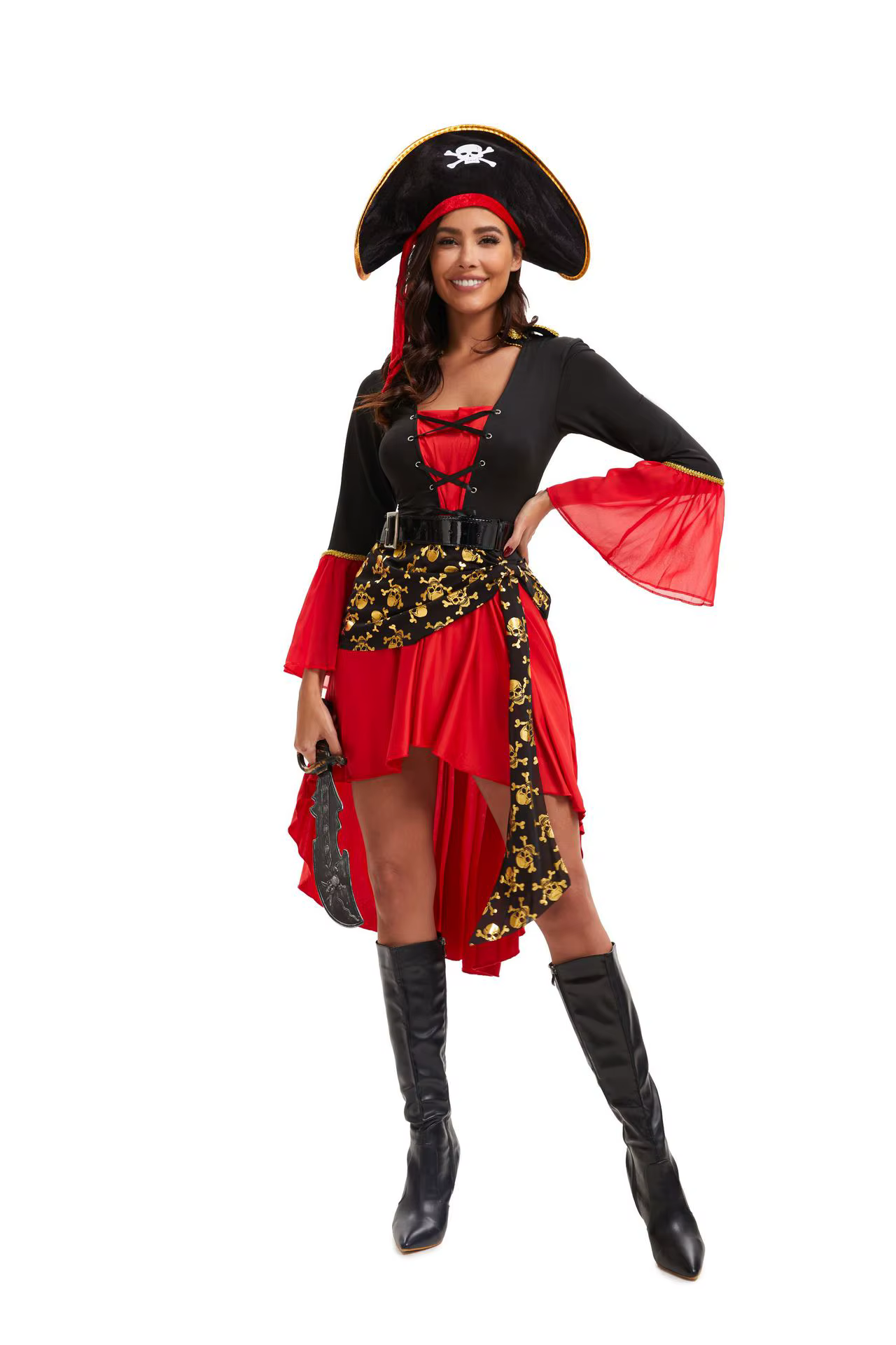 Ensemble de tenue de pirate pour femme, style Caraïbes, avec chapeau et ceinture, pour Halloween, cosplay, mascarade, fête de carnaval, spectacle sur scène