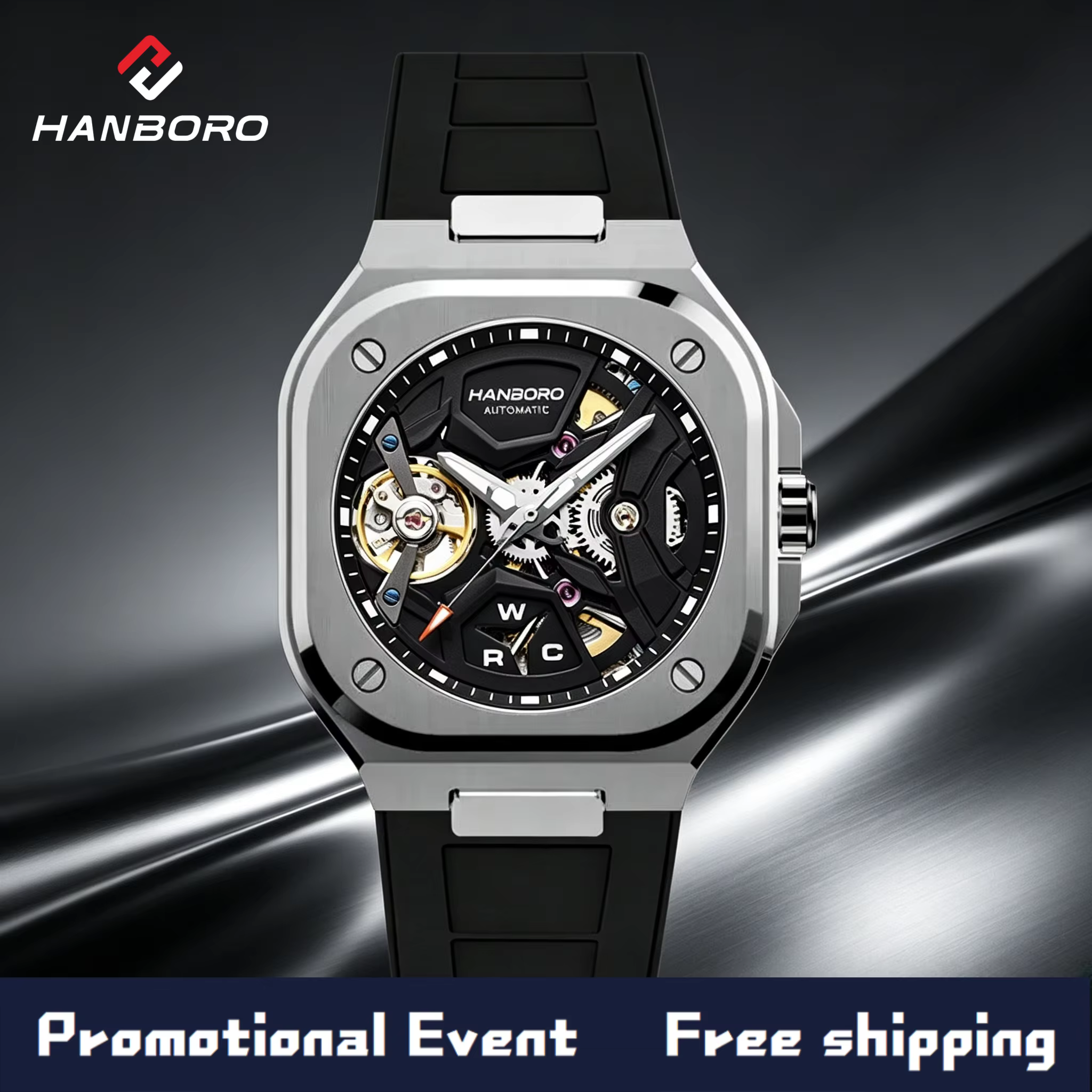 Montre mécanique automatique carrée HANBORO pour homme, montre de mode
