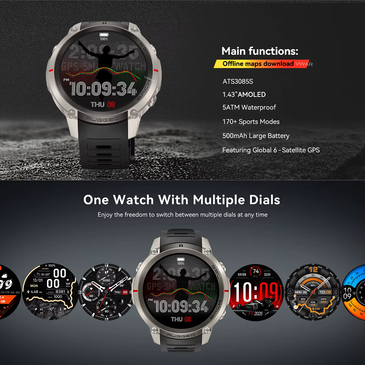 Nouvelle montre connectée GPS VWAR T-Rex 4 2026 avec cartes hors ligne, montre intelligente de sport militaire pour hommes, étanche 50m pour la natation, saphir, altimètre