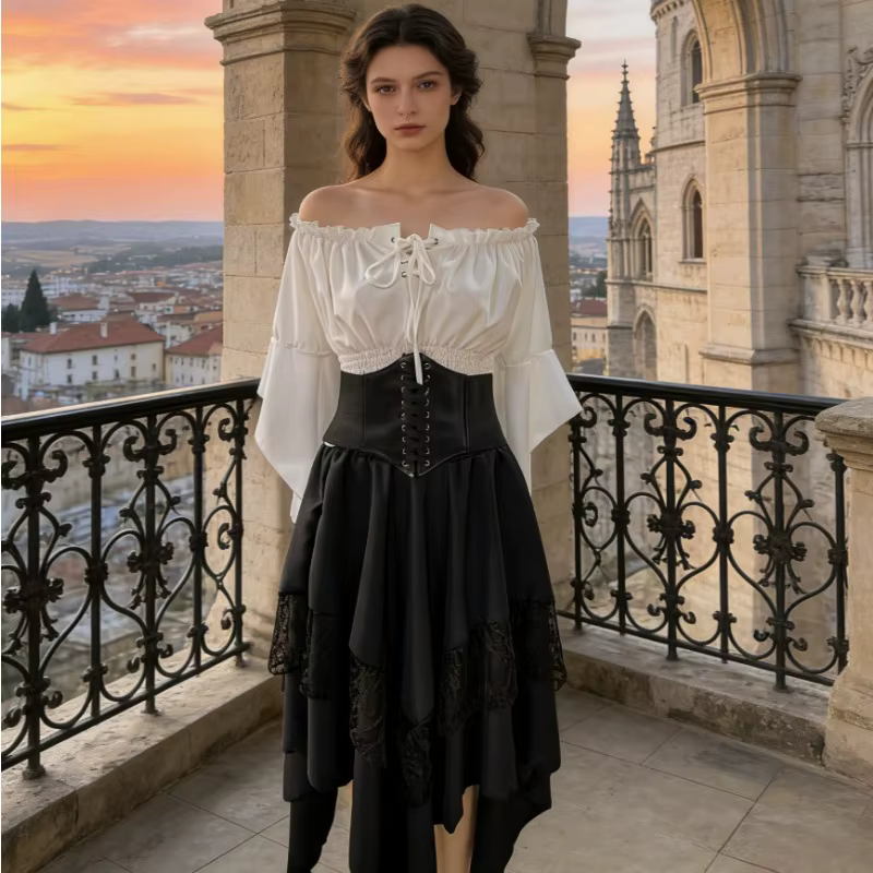 Costume de pirate Renaissance pour femmes, ensemble 3 pièces, chemisier, corset, ceinture, jupe asymétrique en dentelle, déguisement d'Halloween, tenue médiévale