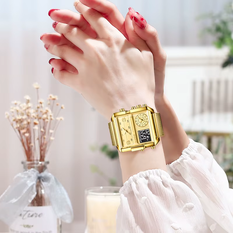 LIGE 2023 nouvelle montre en or femmes Top marque de luxe créatif montres carrées dames mode double affichage