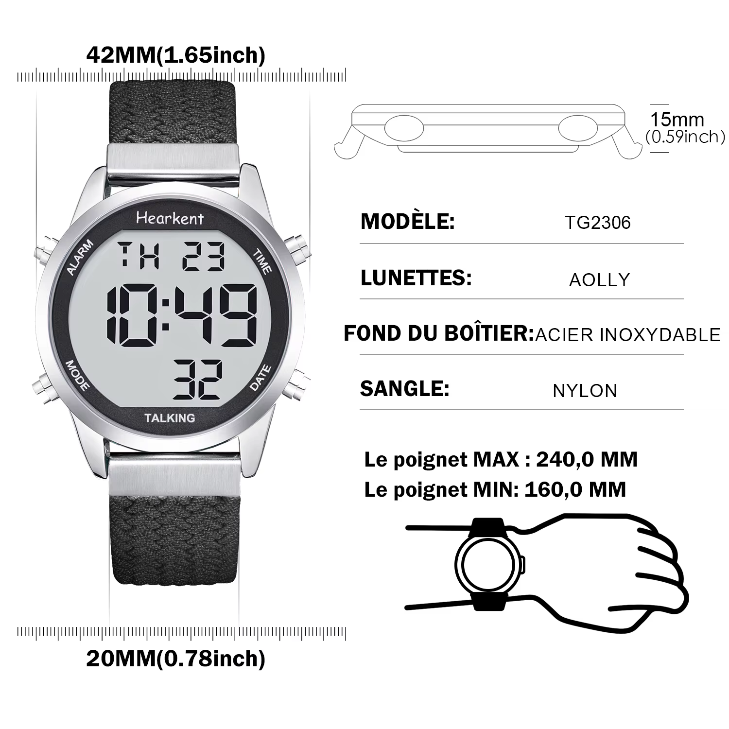 Montre parlante Hearkent en français pour personnes aveugles avec alarme