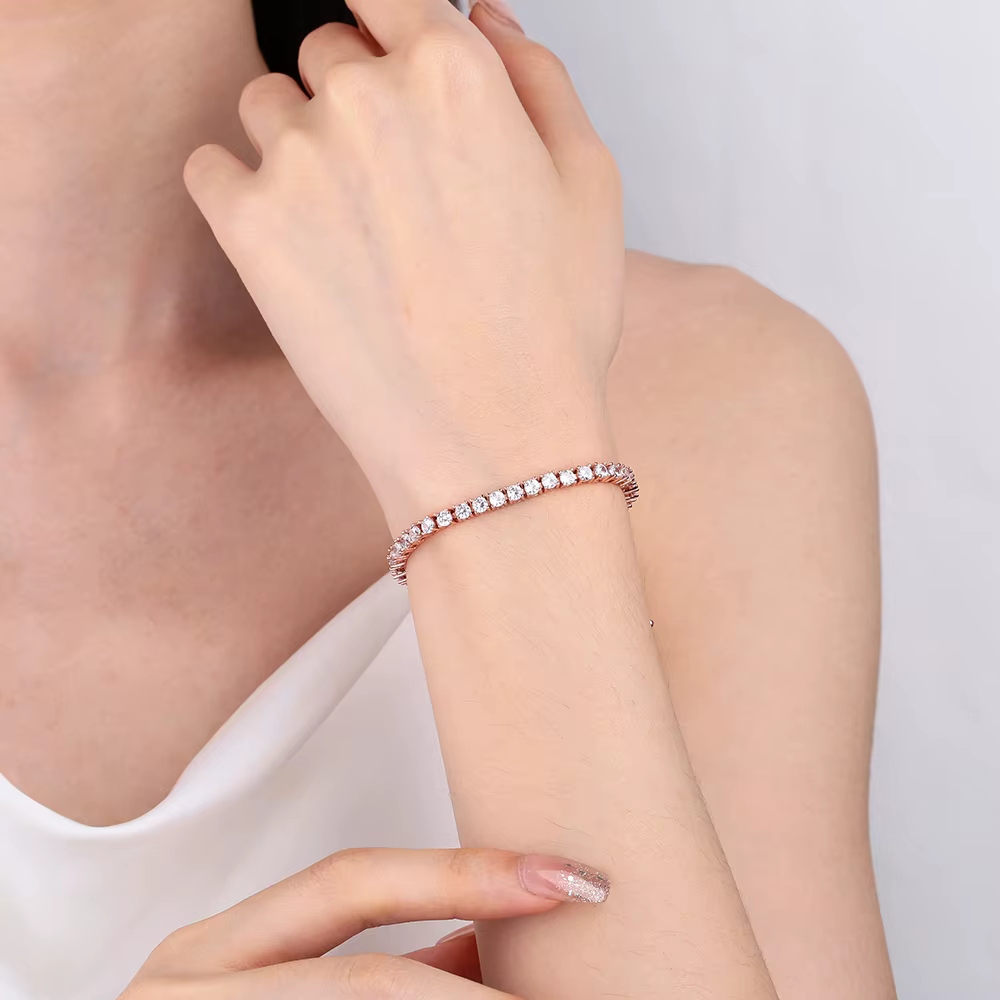 Bracelet tennis plaqué or rose en argent sterling 925 – Pavé Sparkly CZ de 3 mm, réglable 14 à 21 cm, cadeau éternel pour femme