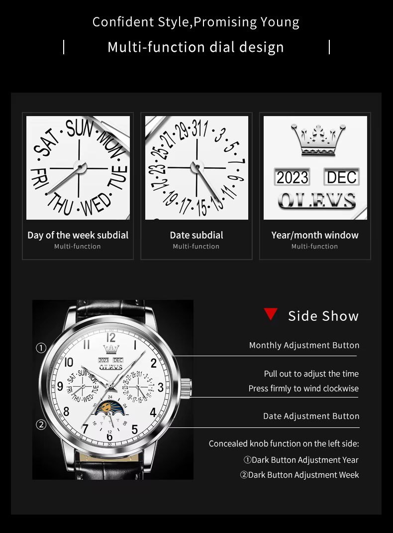 OLEVS 6698 nouvelle montre mécanique de Phase de lune pour hommes numéro 42mm grand cadran en cuir horloge à main étanche automatique homme montres 2025