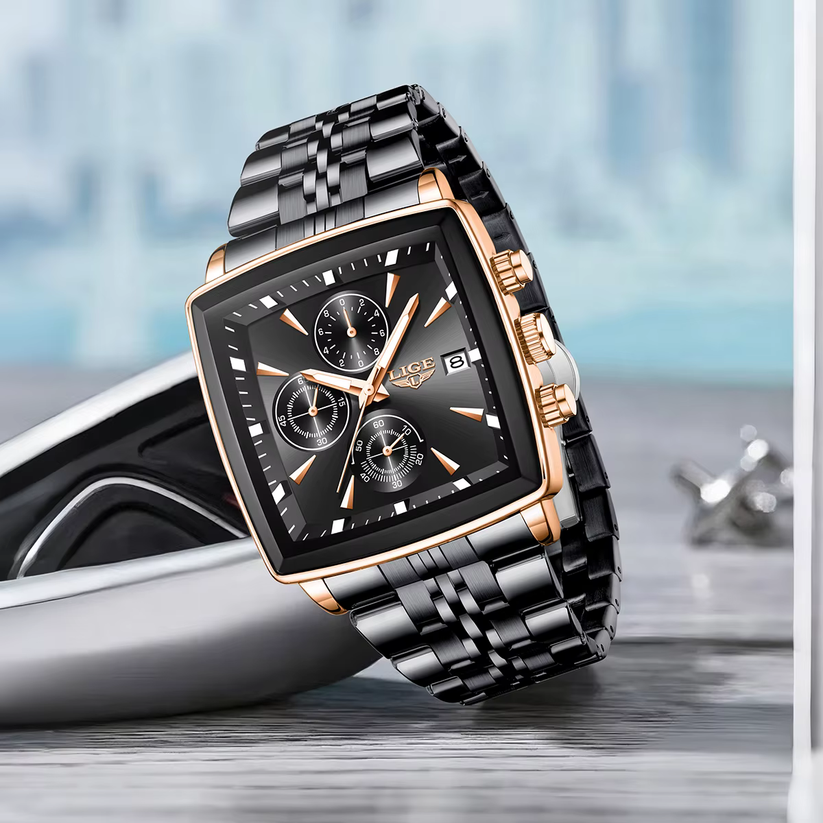 LIGE mode montres de luxe pour hommes cadran carré en acier inoxydable étanche lumineux Auto Date chronographe Quartz homme montre + boîte