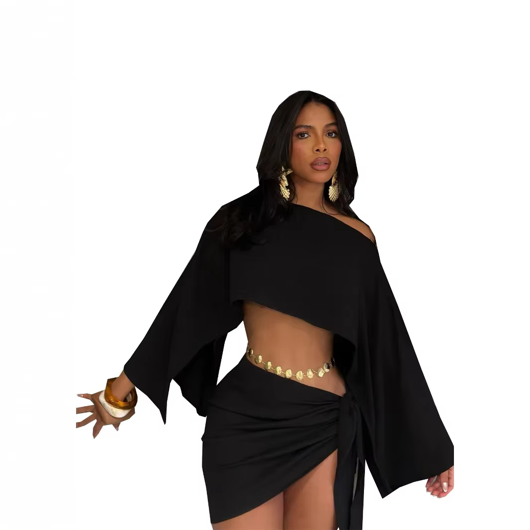 Ensemble haut et jupe courte pour femme, respirant, à col asymétrique et épaules dénudées, style portefeuille mi-cuisse, idéal pour les vacances d'été à la plage