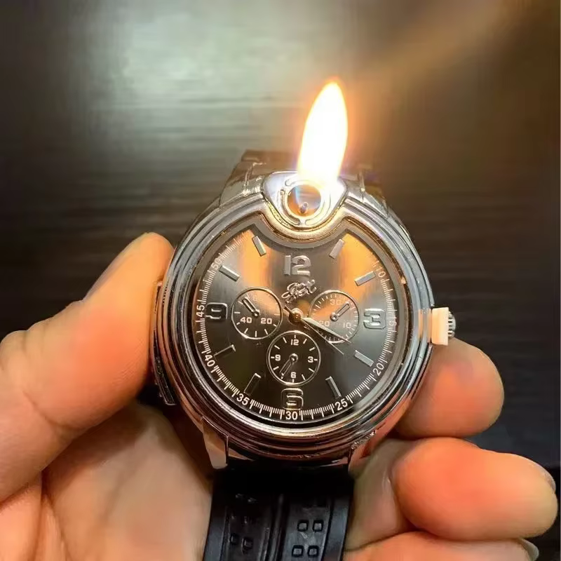 Nouvelle montre briquet créative et personnalisée 2-en-1, montre à quartz en métal à gaz butane avec allumage coulissant, accessoires pour cigarettes pour hommes, cadeau