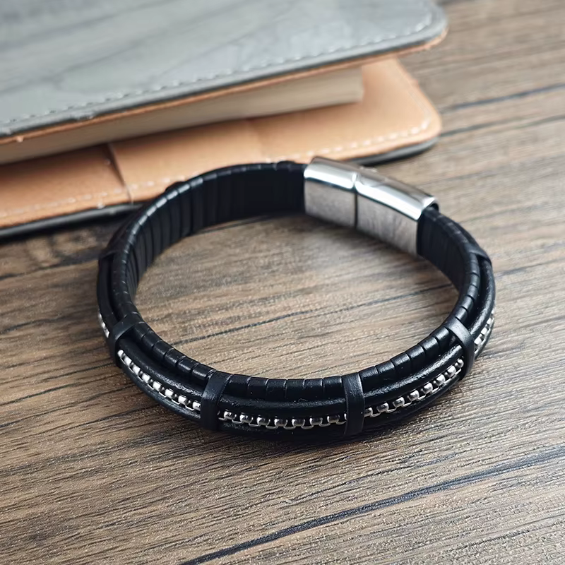 Bracelet en cuir et acier inoxydable pour homme