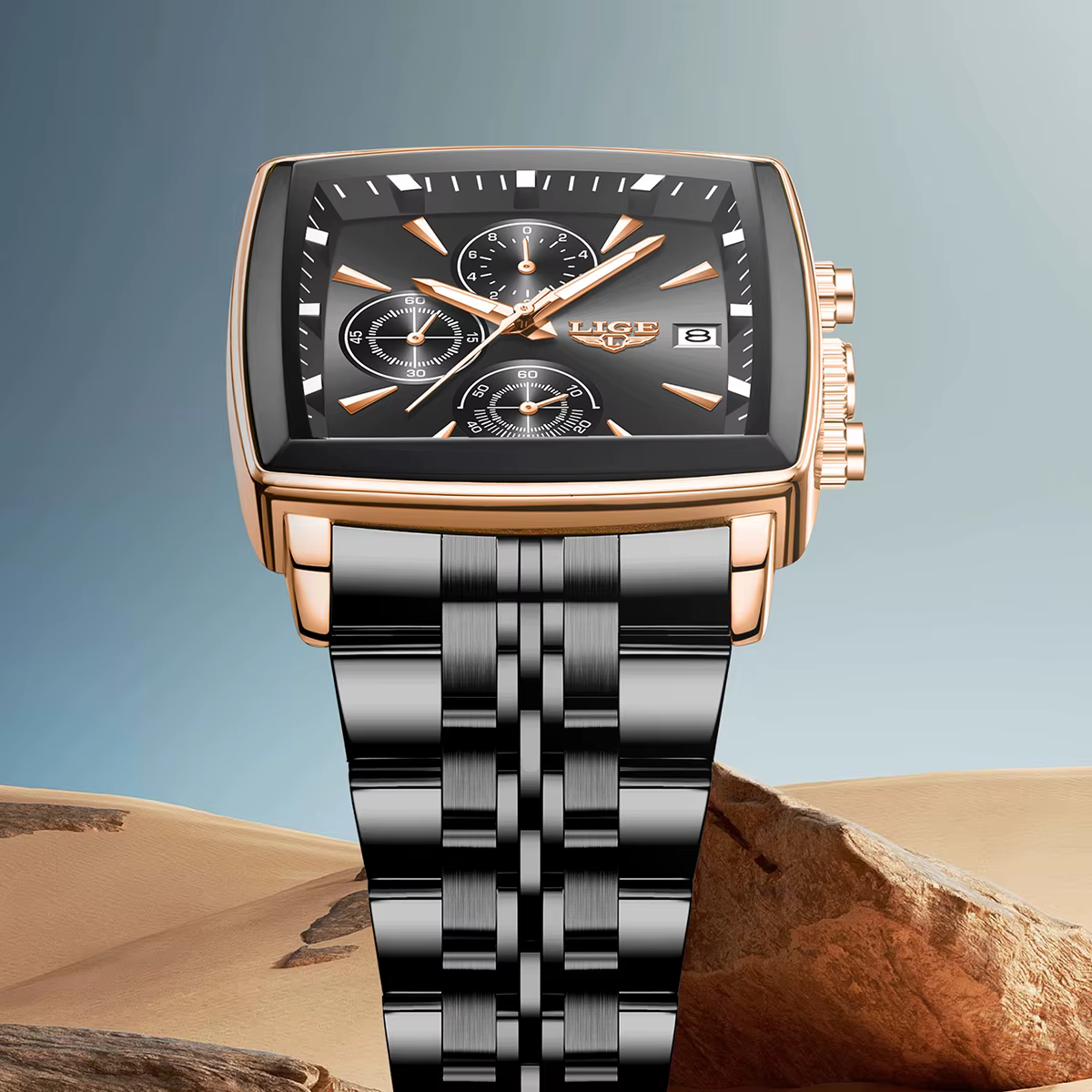 LIGE mode montres de luxe pour hommes cadran carré en acier inoxydable étanche lumineux Auto Date chronographe Quartz homme montre + boîte