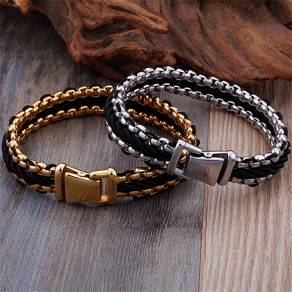 Bracelet en corde de nylon tressée vintage pour hommes, 12 mm de large, maillons en acier inoxydable doré, bracelet de luxe, bijoux, meilleur cadeau pour petit ami