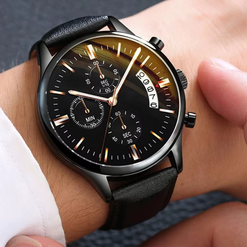 Montre-bracelet à quartz en acier inoxydable noir pour homme