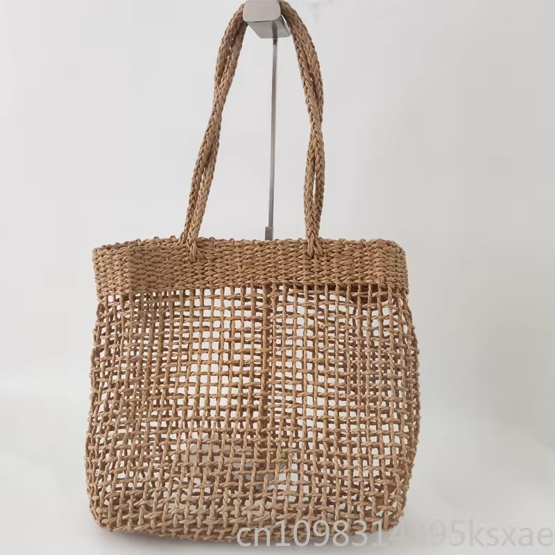 Sac à bandoulière pour femme, sac de plage spacieux en raphia tressé, maille ajourée, style vintage bohème minimaliste pour les vacances