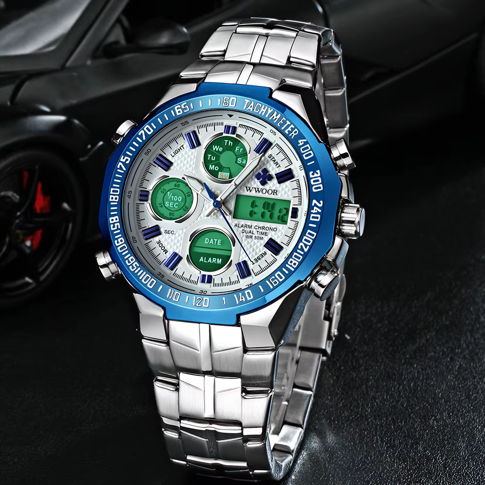 Wwoor Top marque analogique hommes 50 m étanche chronographe Sport militaire mâle horloge homme lumineux double affichage Quartz montres