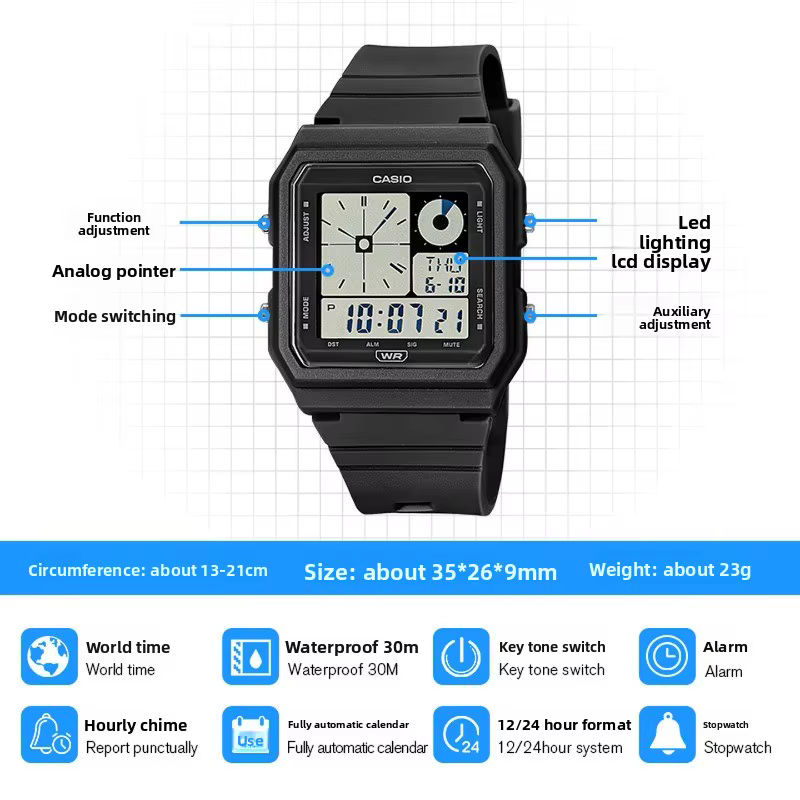 Montre-bracelet à quartz multifonctionnelle étanche CASIO LF-20W-1APF rétro à double affichage