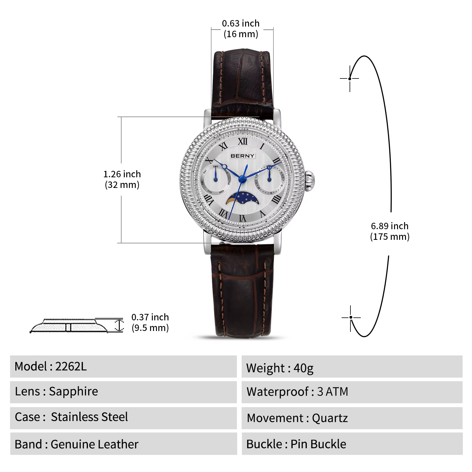 BERNY Montres pour femmes, montre de luxe pour affaires, phase de lune, élégante, à quartz, bracelet en cuir, acier inoxydable