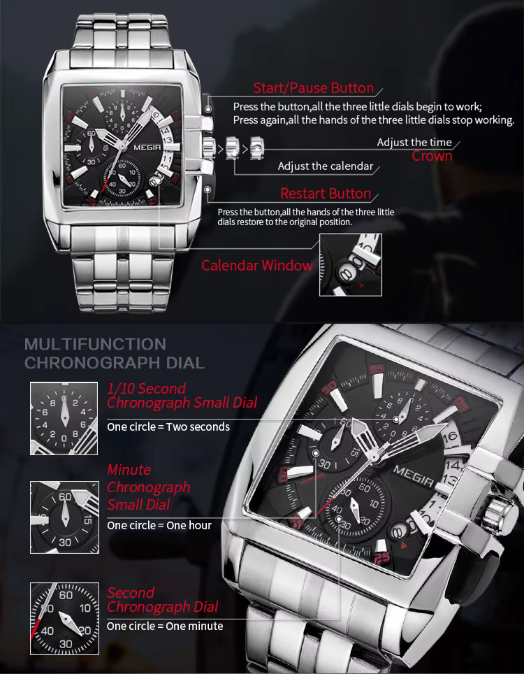 MEGIR Original luxe hommes montre en acier inoxydable