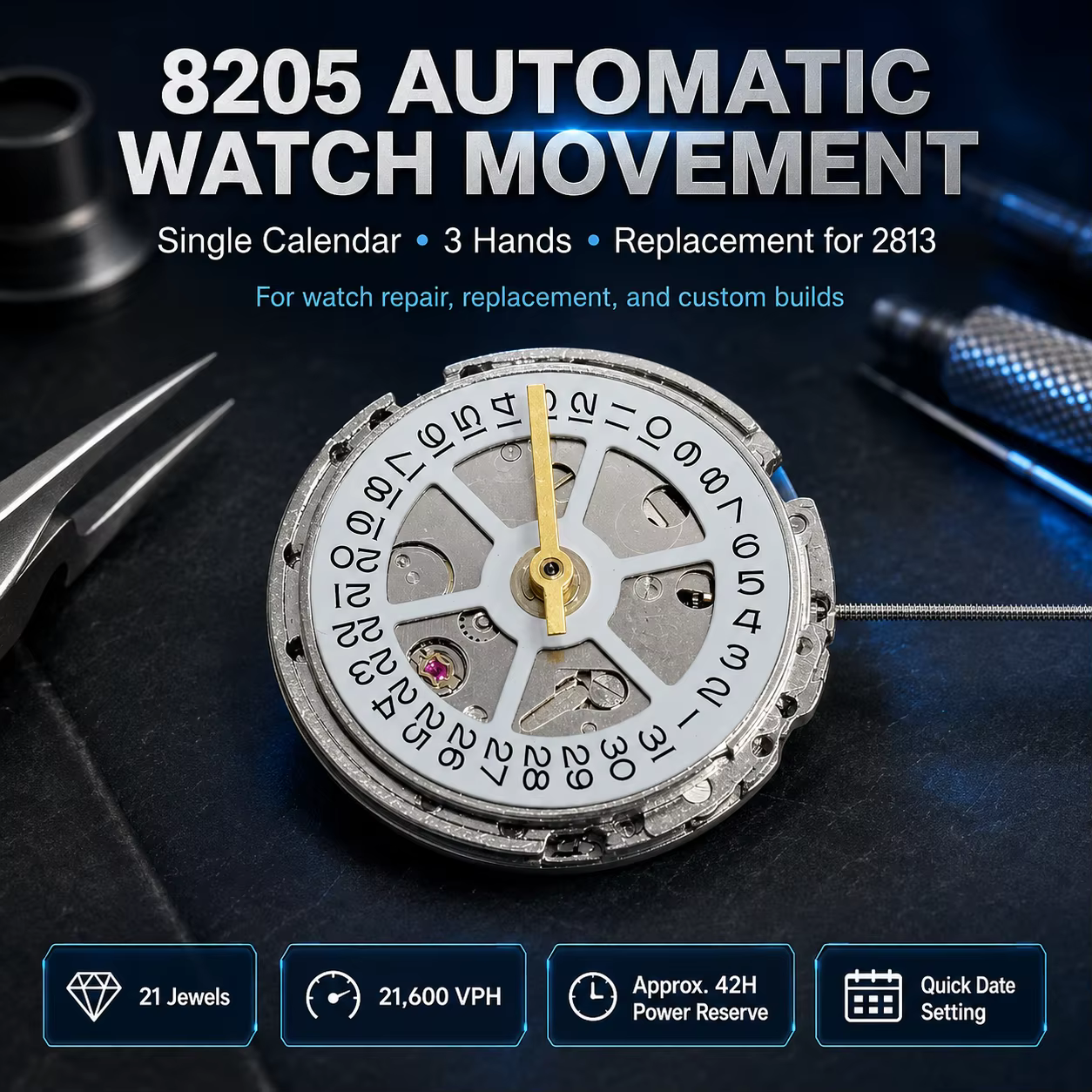 Mouvement de montre automatique en métal à 3 points de soudure 8205, calendrier simple, compatible 2813, pièce de rechange et de réparation