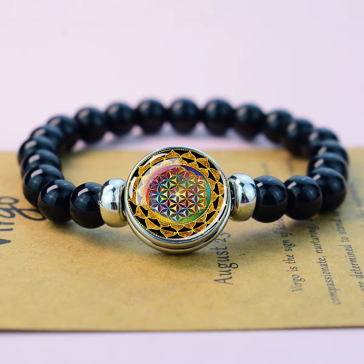 Bracelet extensible en perles noires spirituelles Mandala Sri Yantra, bracelet de méditation yoga avec dôme en verre
