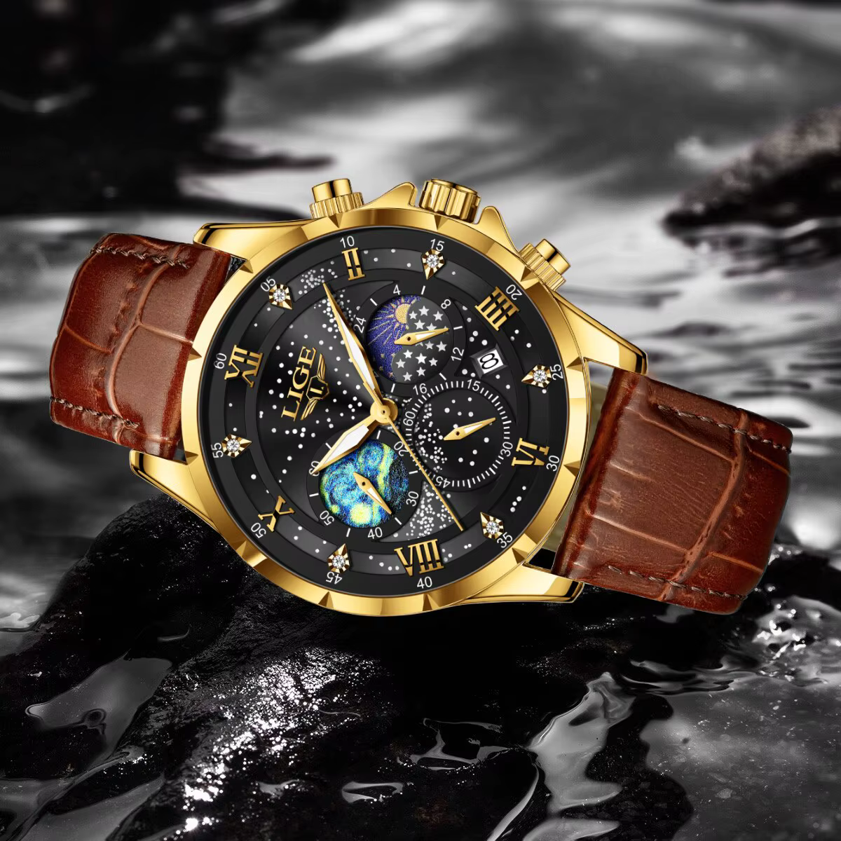 Montre de sport en cuir véritable pour homme