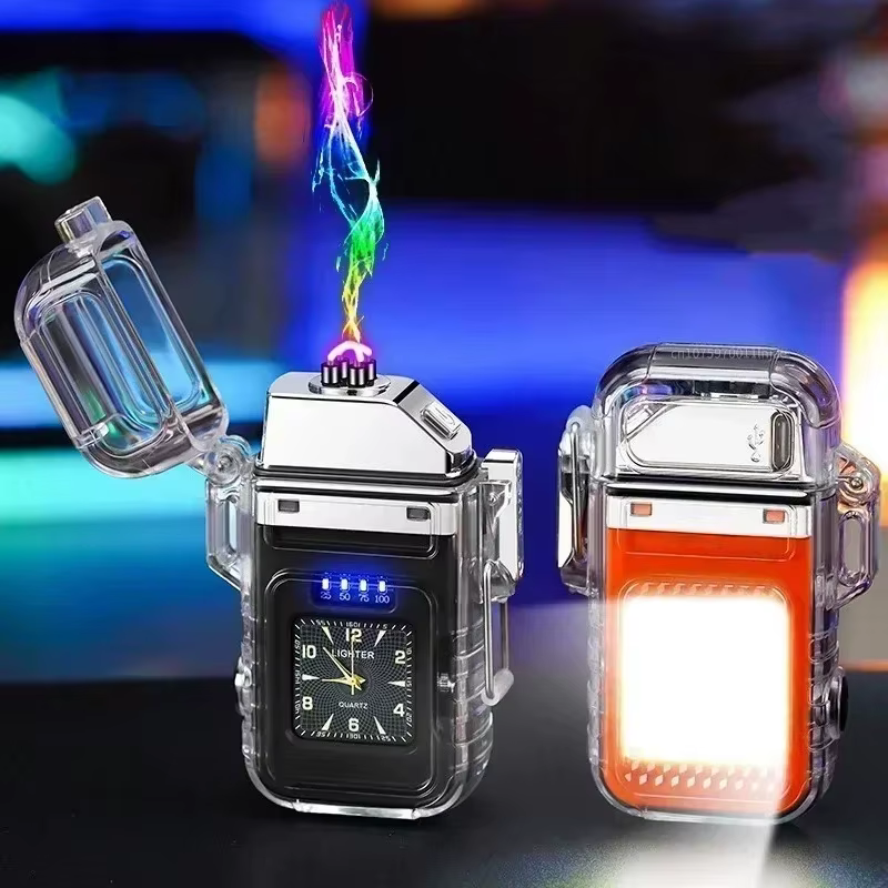 Nouvelle montre étanche briquet coupe-vent USB Plasma Rechargeable briquet extérieur Portable allume-cigare montre pour hommes cadeau
