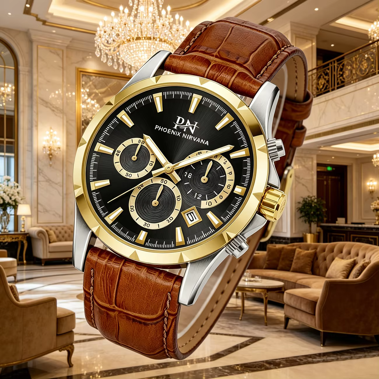 Montre à quartz de luxe pour homme – Chronographe étanche avec bracelet en cuir véritable