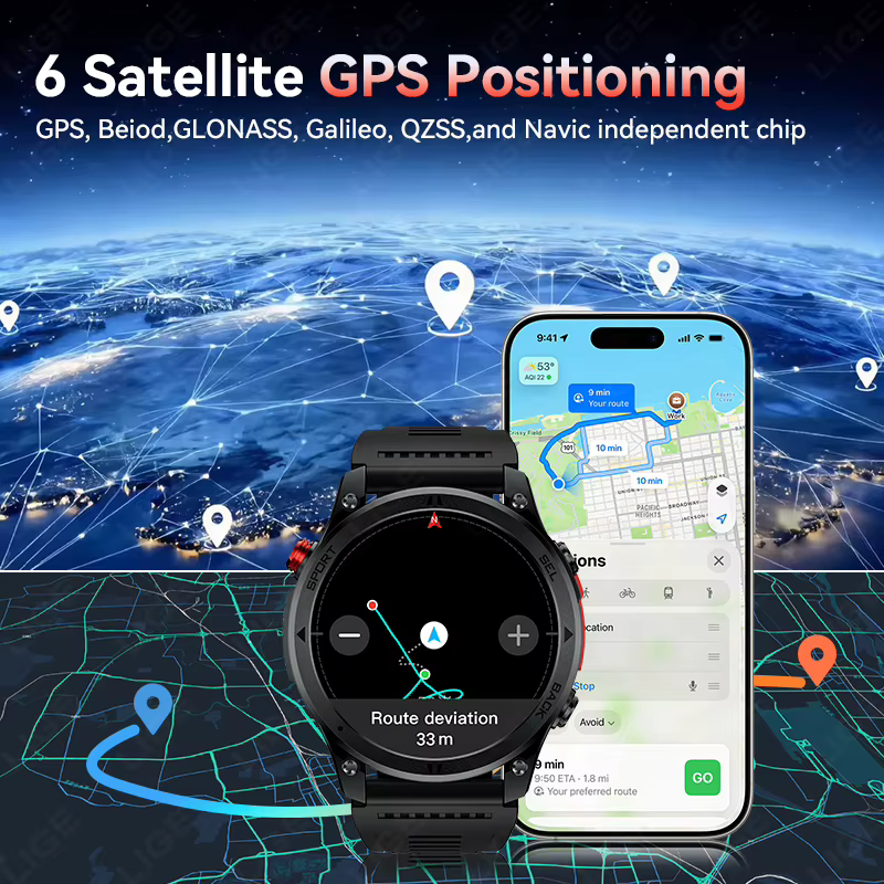 Montre connectée GPS pour l'extérieur, navigation par trajectoire, écran HD 1,46 pouces, plus de 100 modes sportifs, étanche IP68, 530 mAh, boussole pour Android iOS
