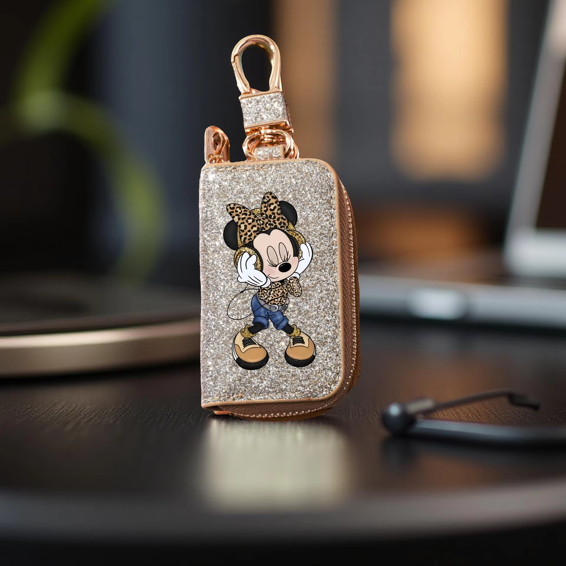 1 sac à clés Minnie-porte-clés synthétique élégant avec fermeture éclair dorée, organisateur de clés de voiture Compact et accessoire de décoration pour la maison