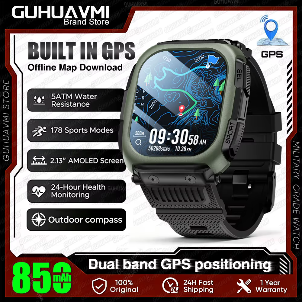 Montre intelligente militaire avec carte GPS 2026 pour hommes, étanche 5ATM, suivi d'activité, appels Bluetooth, montre tactique robuste pour l'extérieur