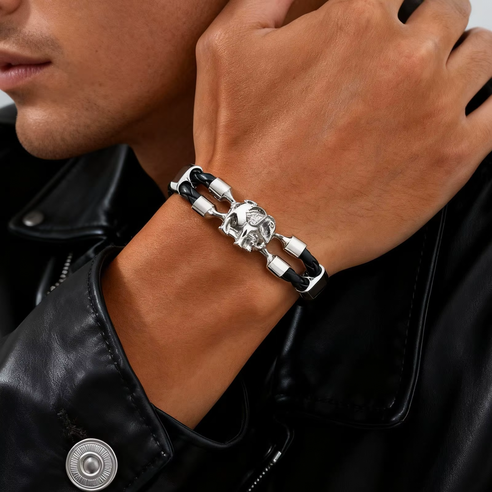 Bracelet en cuir noir d'éléphant Vintage pour hommes