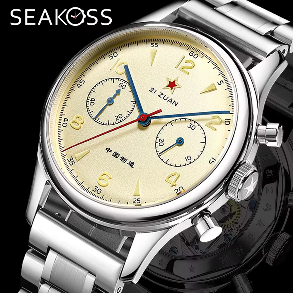Montre mécanique à remontage manuel en acier inoxydable SEAKOSS Chronographe 40 mm 38 mm 1963 pour homme, originale Seagull ST1901, luminescente, saphir