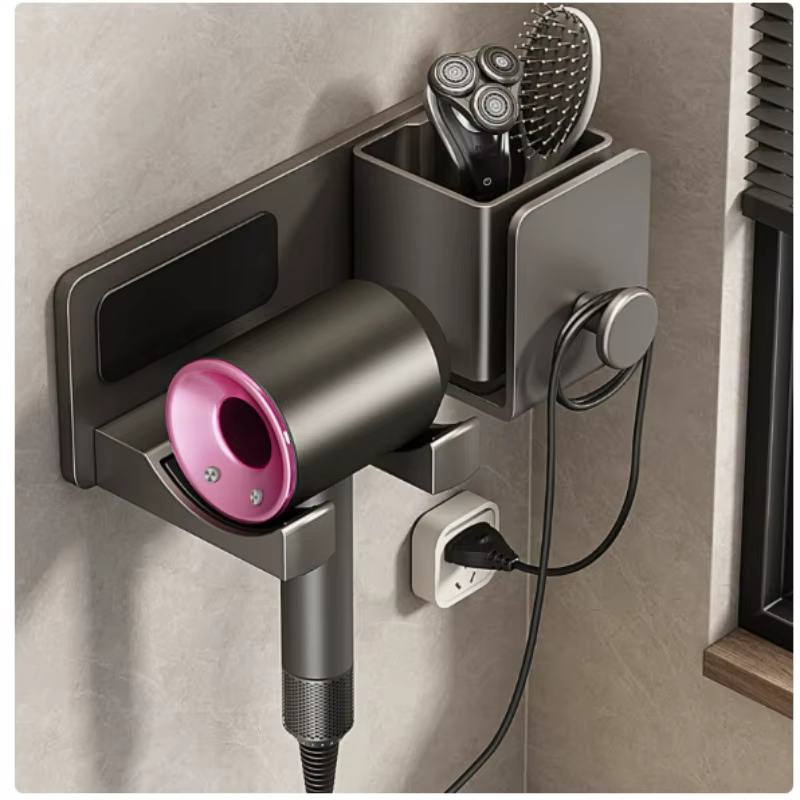 Support mural pour salle de bain, support pour sèche-cheveux équipé d'un coffret de rangement. Idéal pour ranger le rasoir et les articles de toilette, durable