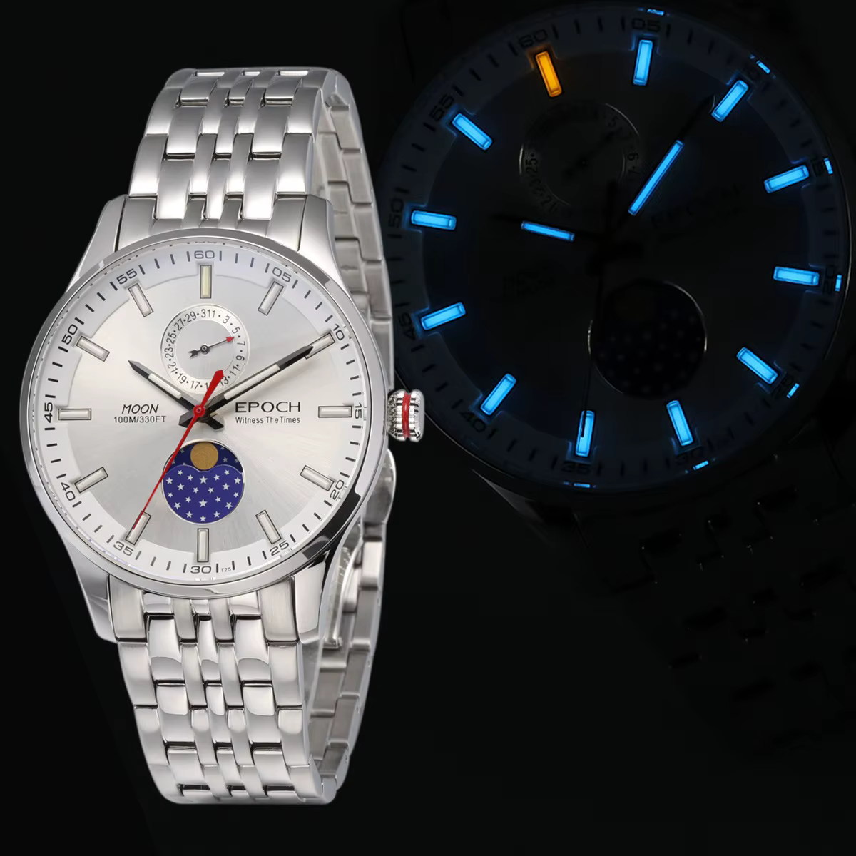 EPOCH hommes montre à Quartz lumineux suisse Ronda mouvement Phase de lune WR100M saphir