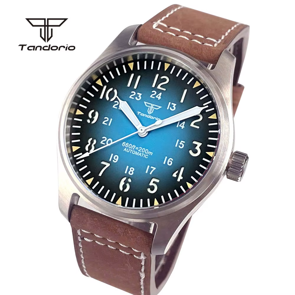 Tandorio 39mm pilote montre automatique de plongée pour hommes AR saphir Miyota8215/PT5000 Movt montre-bracelet mécanique en acier 20BAR vert Lume