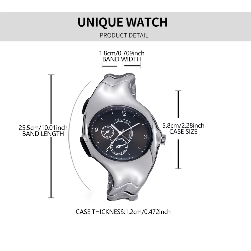 Montre OULM NEW Alien Retro Twisted Case Y2k Quartz pour homme, cadran argenté ovale, design unique et spécial, acier.