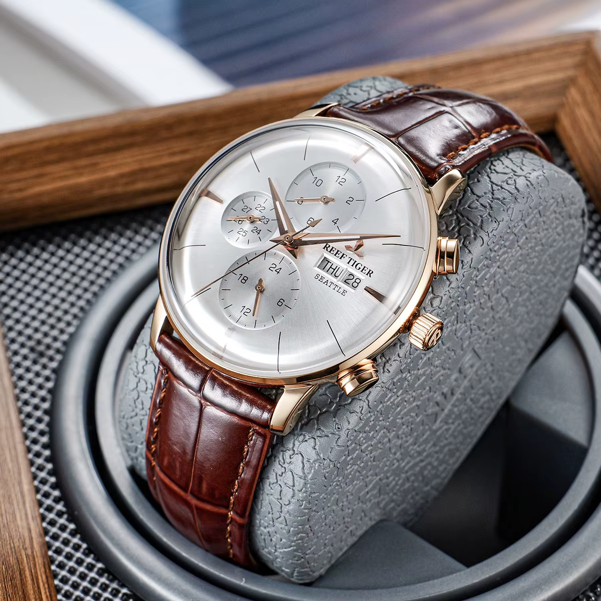 Reef Tiger RT montre pour hommes de luxe cadran blanc montre-bracelet mécanique multifonction Relogio Masculino RGA1699