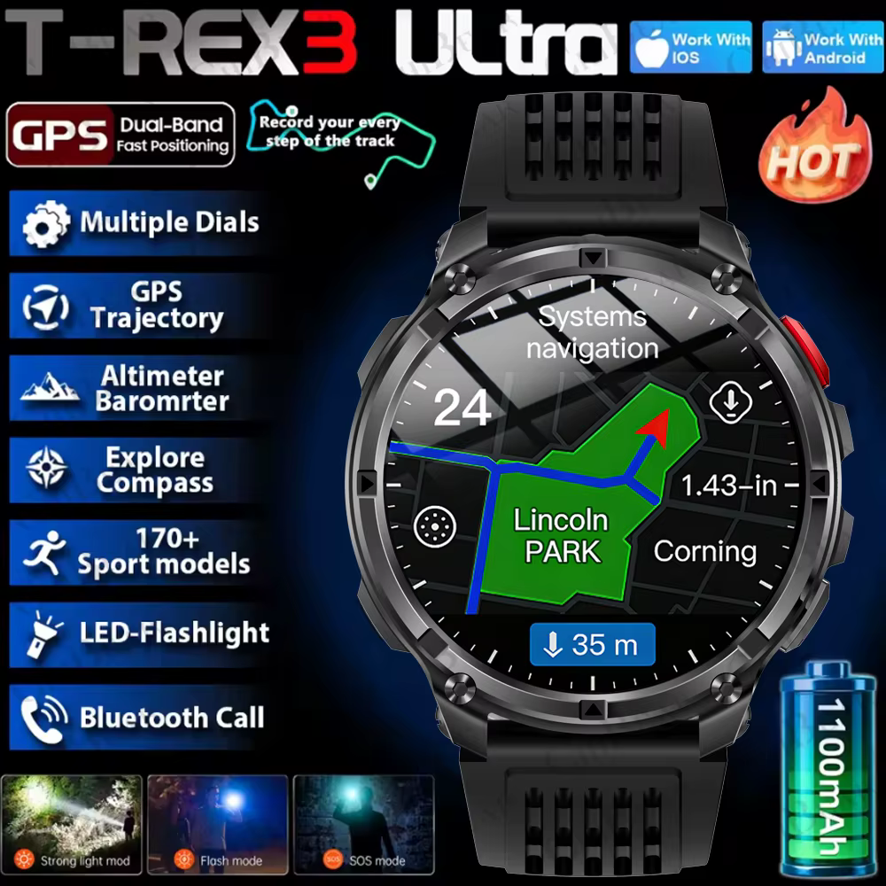 2026 nouveau T-Rex3 Pro 1100mAh batterie montre intelligente GPS chemin 5ATM étanche sport course tracker extérieur boussole militaire Smartwatch