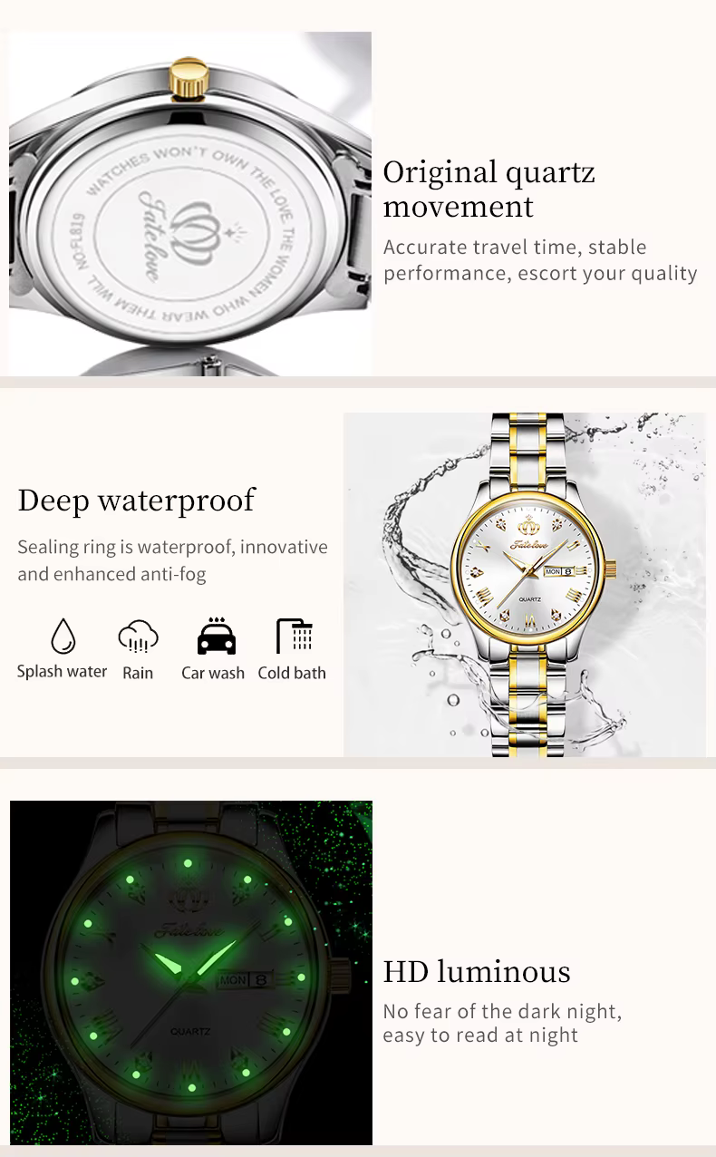 Fate Love 819 classiques femmes montre en acier inoxydable lumineux étanche calendrier robe élégante