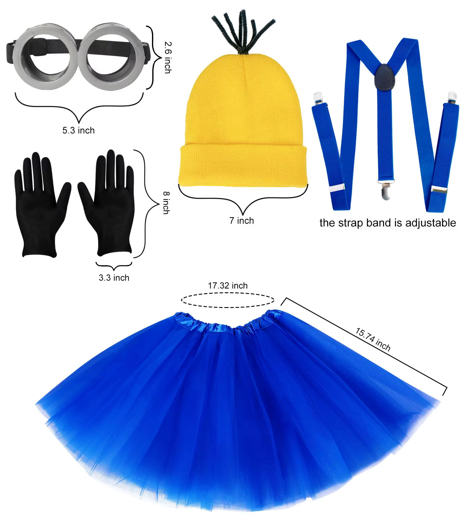 Costume d'Halloween pour femmes adultes, lunettes/bonnet jaune/robe bleue/pingentes/gants, accessoires de Costume d'Halloween